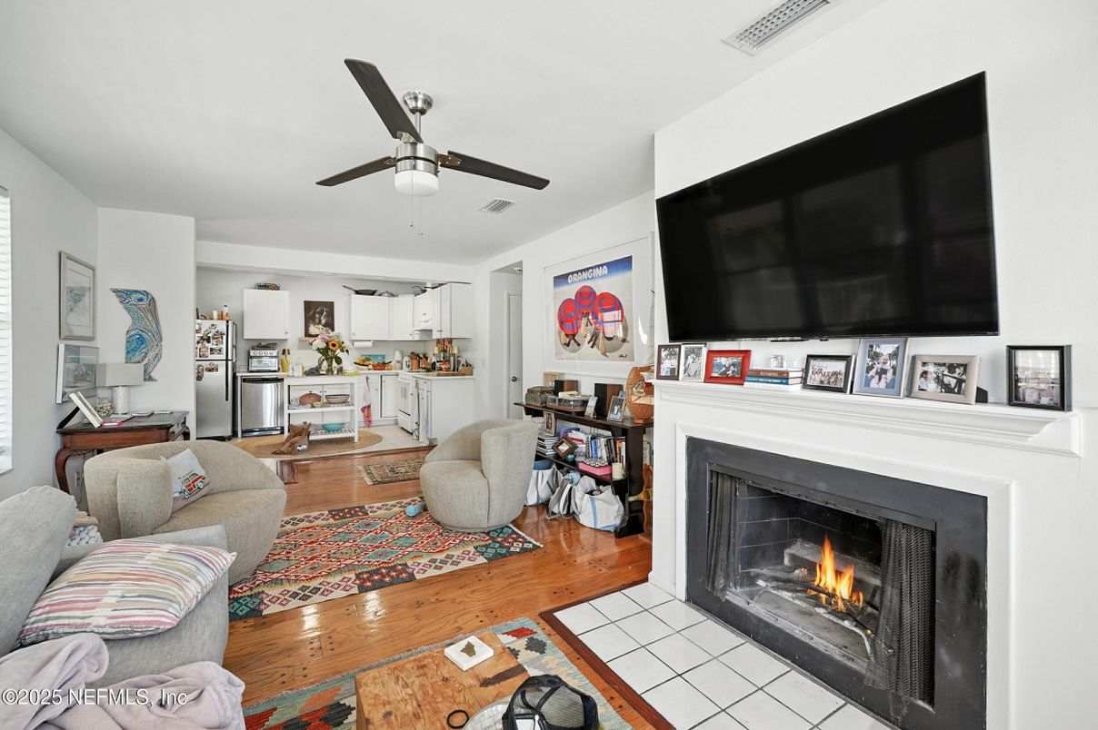 Fireplace, Interior, Kitchen, Living room, Wood Texture Flooring