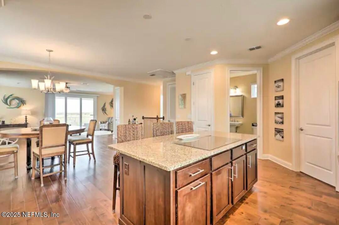 Chandelier, Dining room, Interior, Kitchen, Recessed Lighting, Wood Texture Flooring