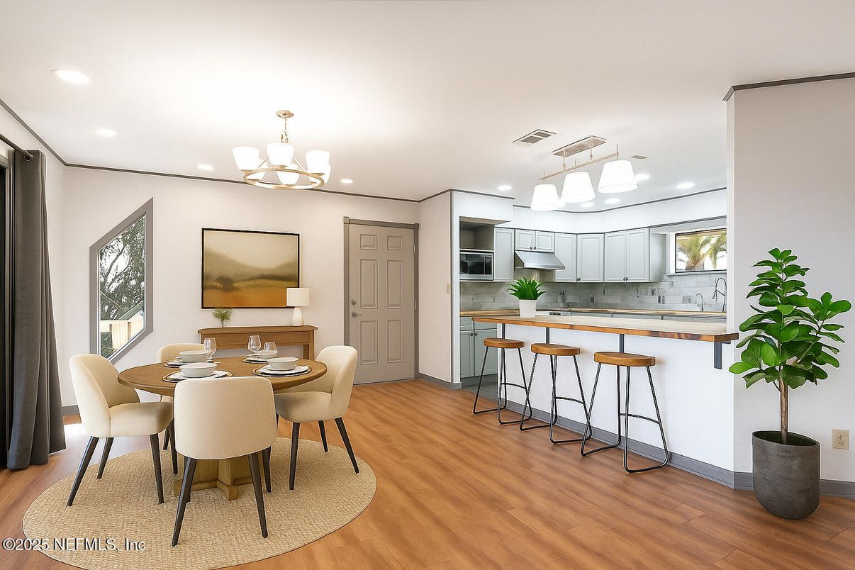 Chandelier, Dining room, Interior, Kitchen, Recessed Lighting, Stainless Steel Appliances, Wood Texture Flooring