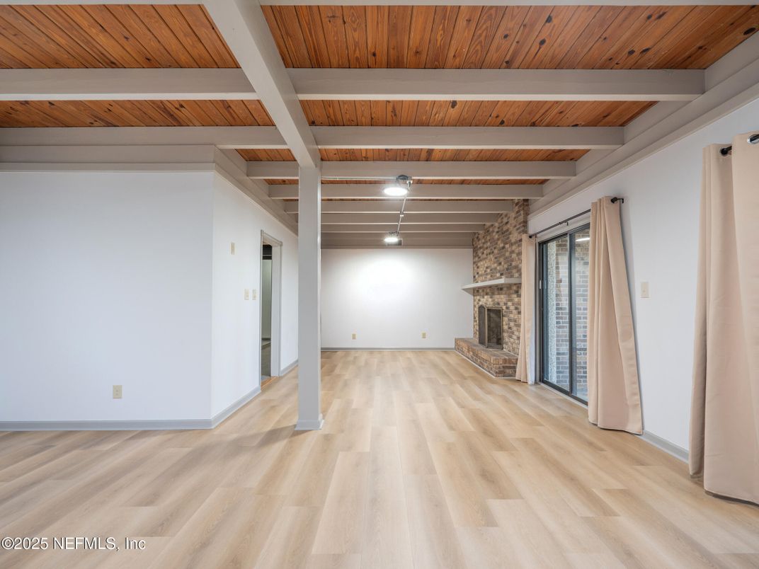 Empty room, Fireplace, Interior, Wooden Beams, Wooden Ceilings, Wood Texture Flooring
