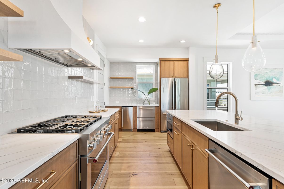 Interior, Kitchen, Pendant Lights, Recessed Lighting, Stainless Steel Appliances, Wood Texture Flooring