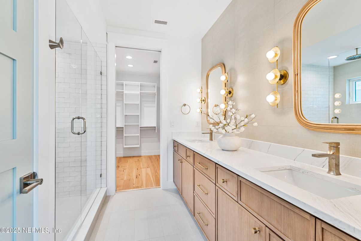 Bathroom, Dual Sink Vanities, Glass Shower, Interior, Recessed Lighting, Walk-in Closets