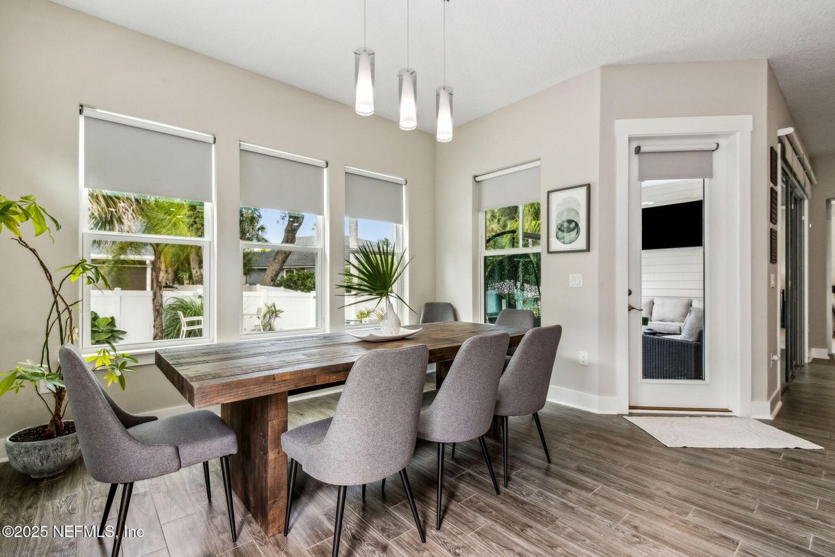 Dining room, Interior, Pendant Lights, Wood Texture Flooring