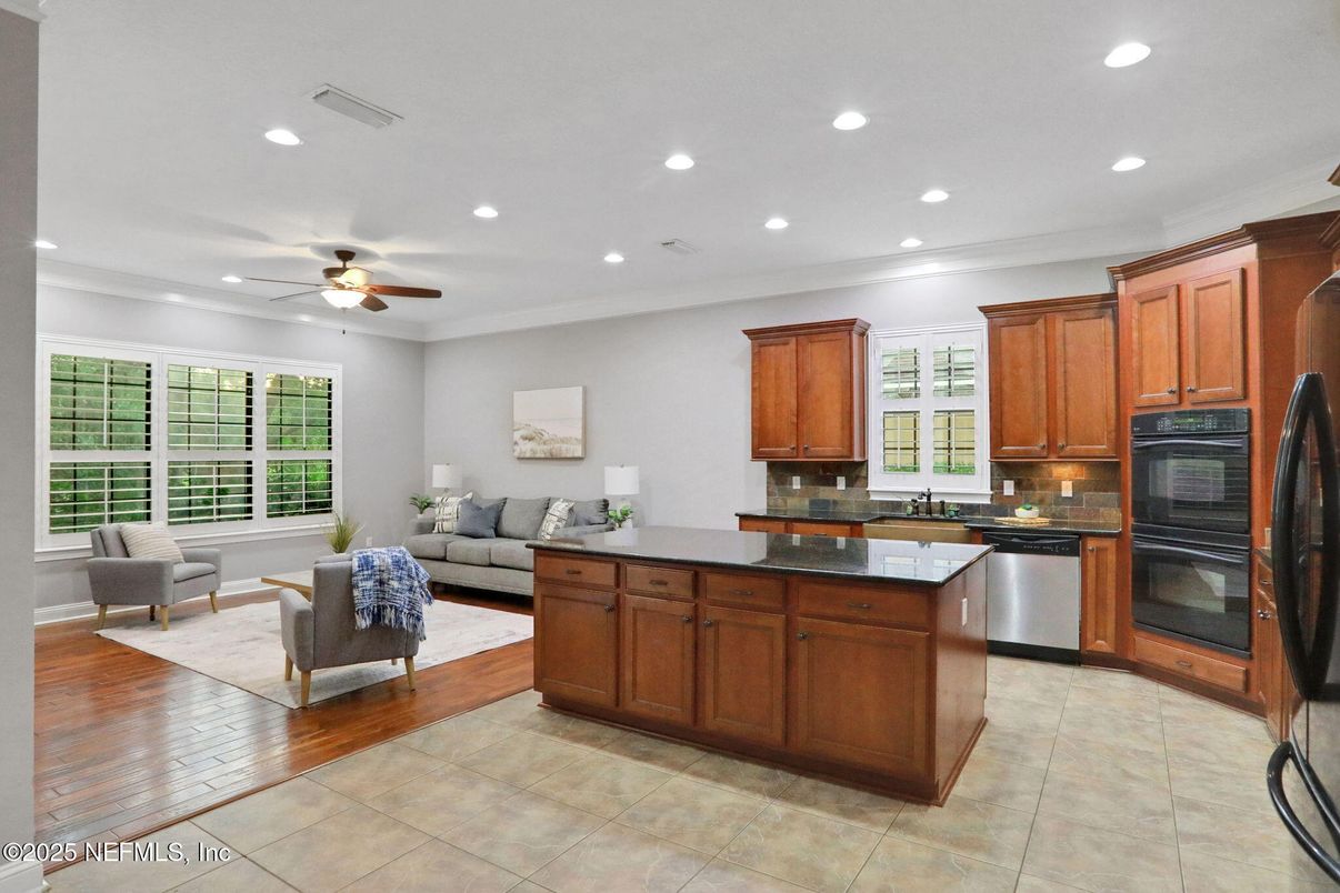 Interior, Kitchen, Living room, Recessed Lighting, Stainless Steel Appliances, Wood Texture Flooring