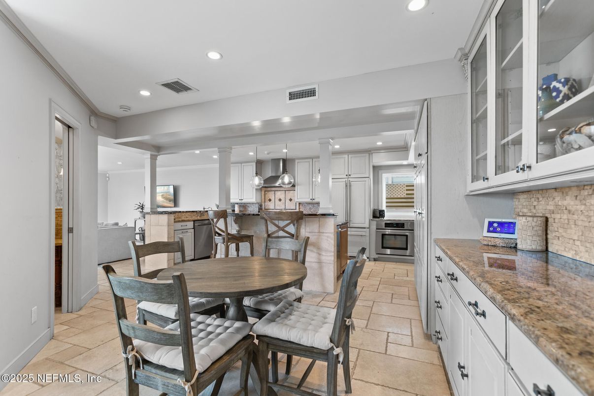 Dining room, Interior, Kitchen, Recessed Lighting, Stainless Steel Appliances, Stone Walls