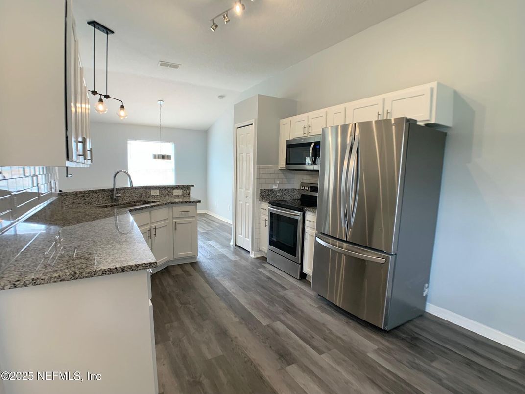 Interior, Kitchen, Pendant Lights, Stainless Steel Appliances, Wood Texture Flooring