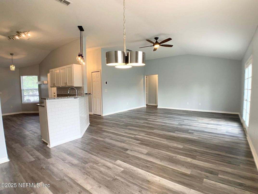 Empty room, Interior, Kitchen, Pendant Lights, Wood Texture Flooring