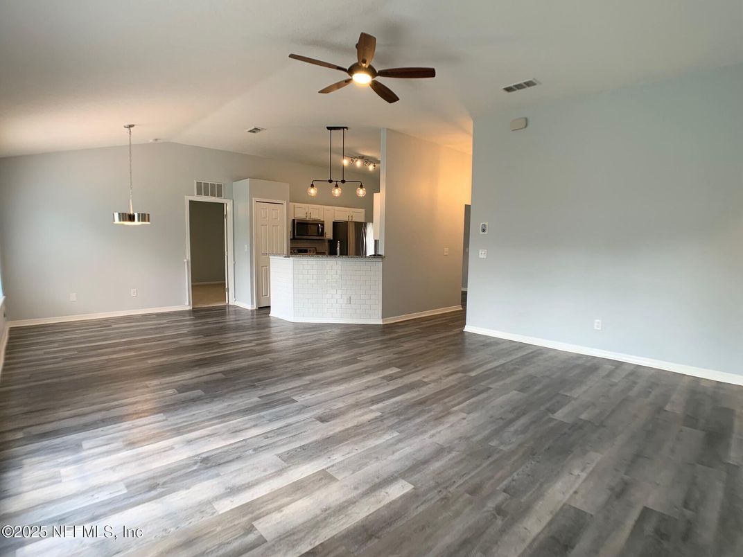 Empty room, Interior, Kitchen, Pendant Lights, Wood Texture Flooring
