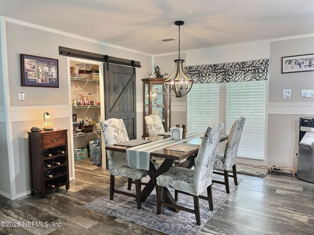 Dining room, Interior, Pendant Lights, Wood Texture Flooring