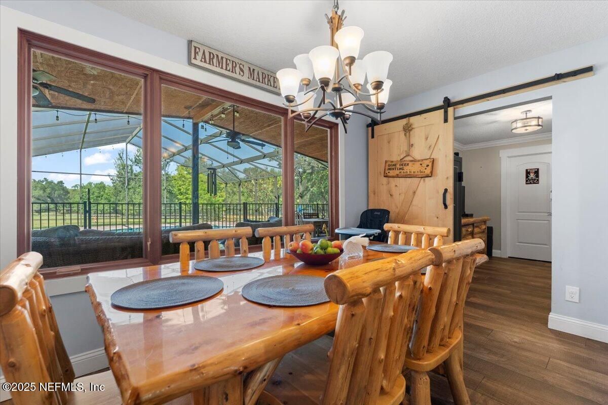 Chandelier, Dining room, Interior, Sun Room, Wood Texture Flooring