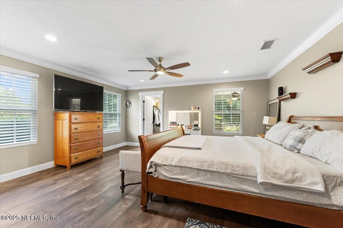 Bedroom, Interior, Recessed Lighting, Wood Texture Flooring