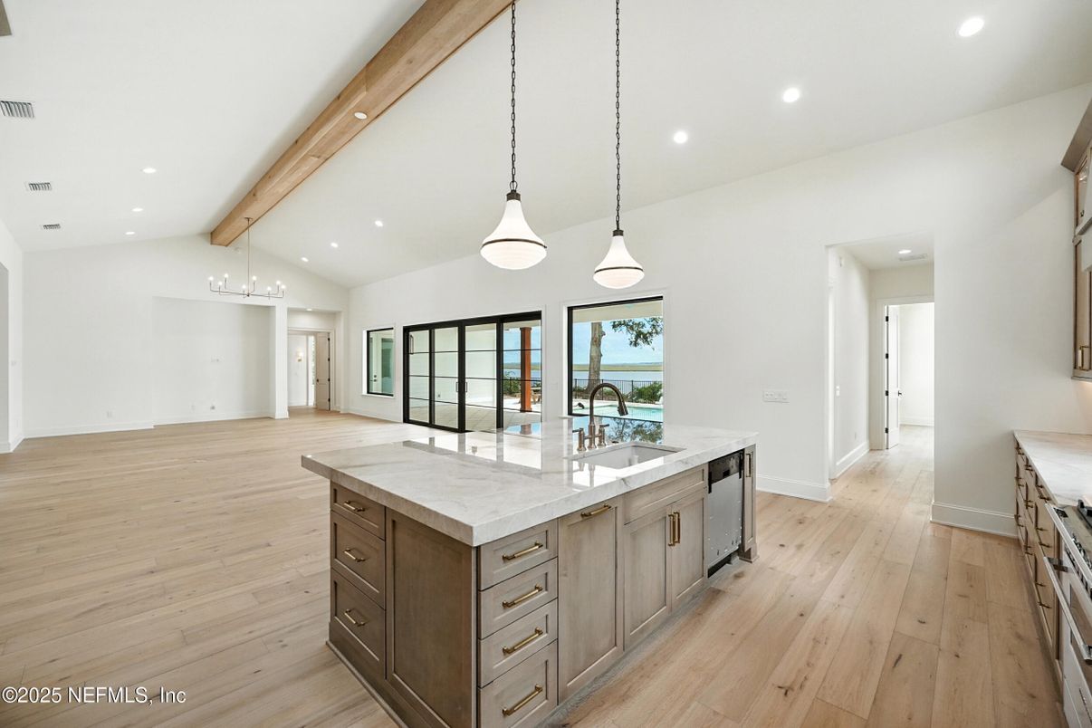 Interior, Kitchen, Pendant Lights, Recessed Lighting, Water, Wooden Beams, Wood Texture Flooring