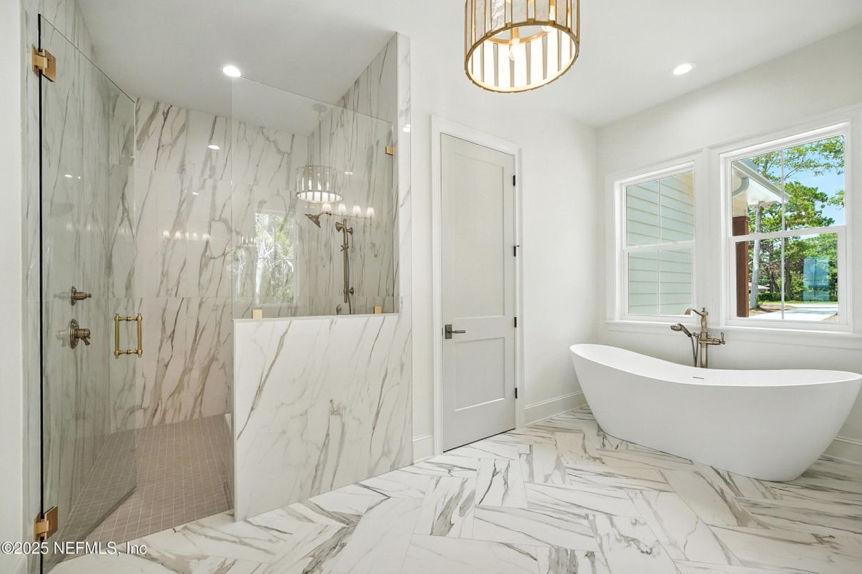 Bathroom, Free Standing Baths, Glass Shower, Interior, Marble, Marble Walls, Pendant Lights, Recessed Lighting