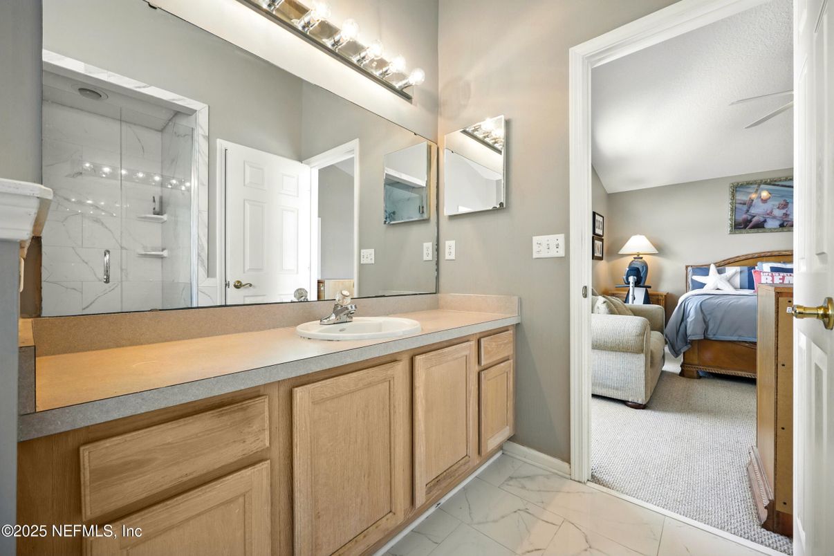 Bathroom, Bedroom, Dual Sink Vanities, Glass Shower, Interior, Marble, Marble Walls