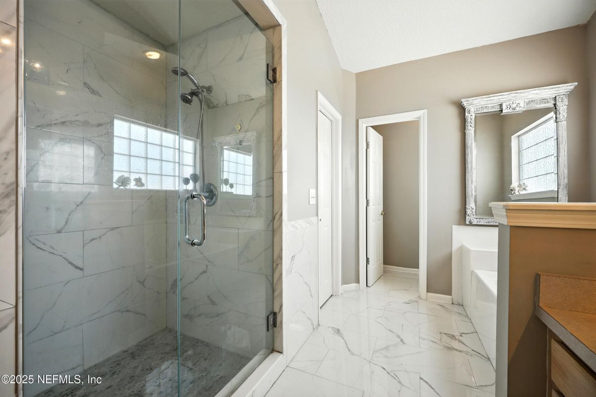 Bathroom, Glass Shower, Interior, Marble, Marble Walls, Recessed Lighting