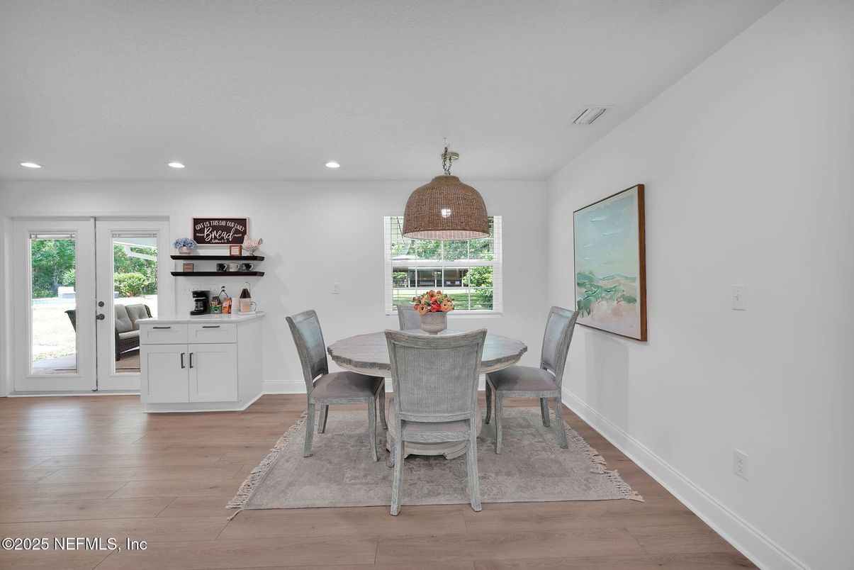 Dining room, Interior, Recessed Lighting, Wood Texture Flooring