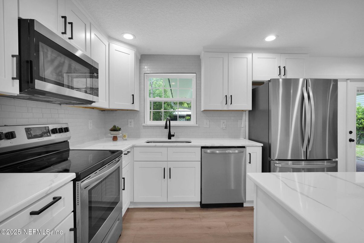 Interior, Kitchen, Recessed Lighting, Stainless Steel Appliances, Wood Texture Flooring