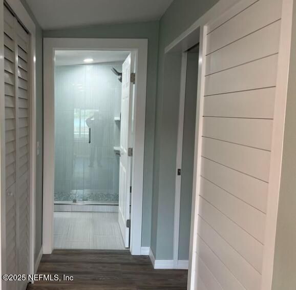 Bathroom, Glass Shower, Interior, Recessed Lighting, Wood Texture Flooring