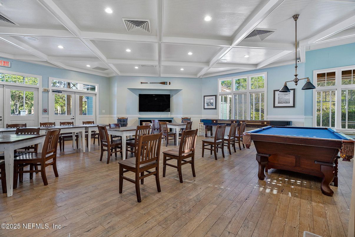 Billiard Table, Dining room, Game Room, Interior, Pendant Lights, Recessed Lighting, Wood Texture Flooring