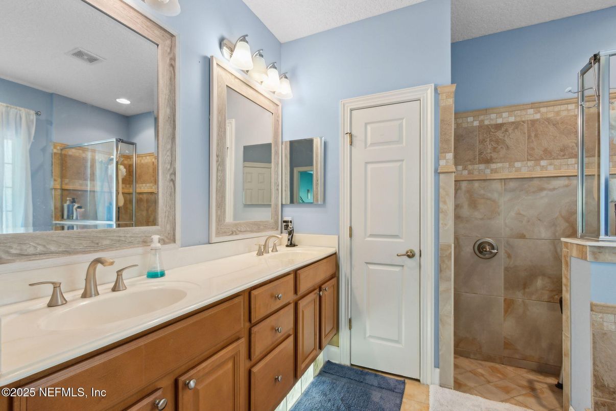 Bathroom, Dual Sink Vanities, Glass Shower, Interior, Recessed Lighting