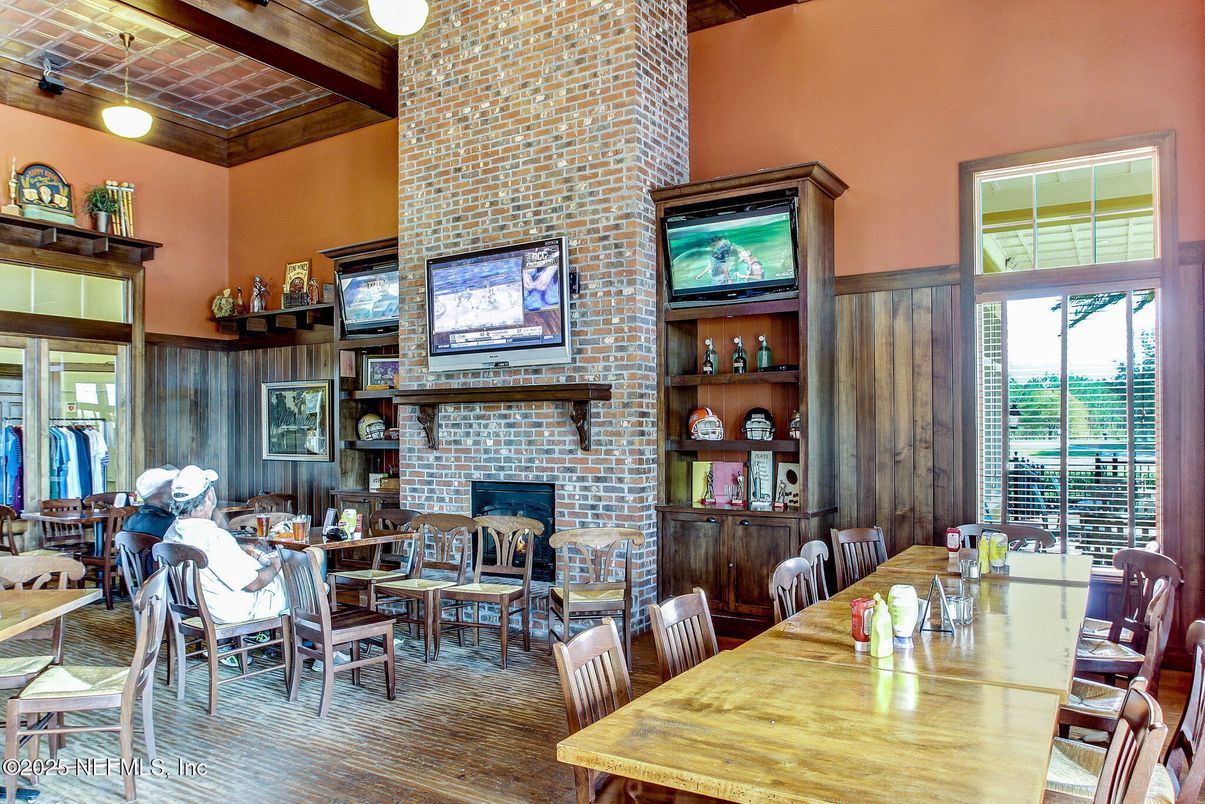 Dining room, Fireplace, Interior, Pendant Lights, Stone Walls, Wooden Beams, Wood Texture Flooring
