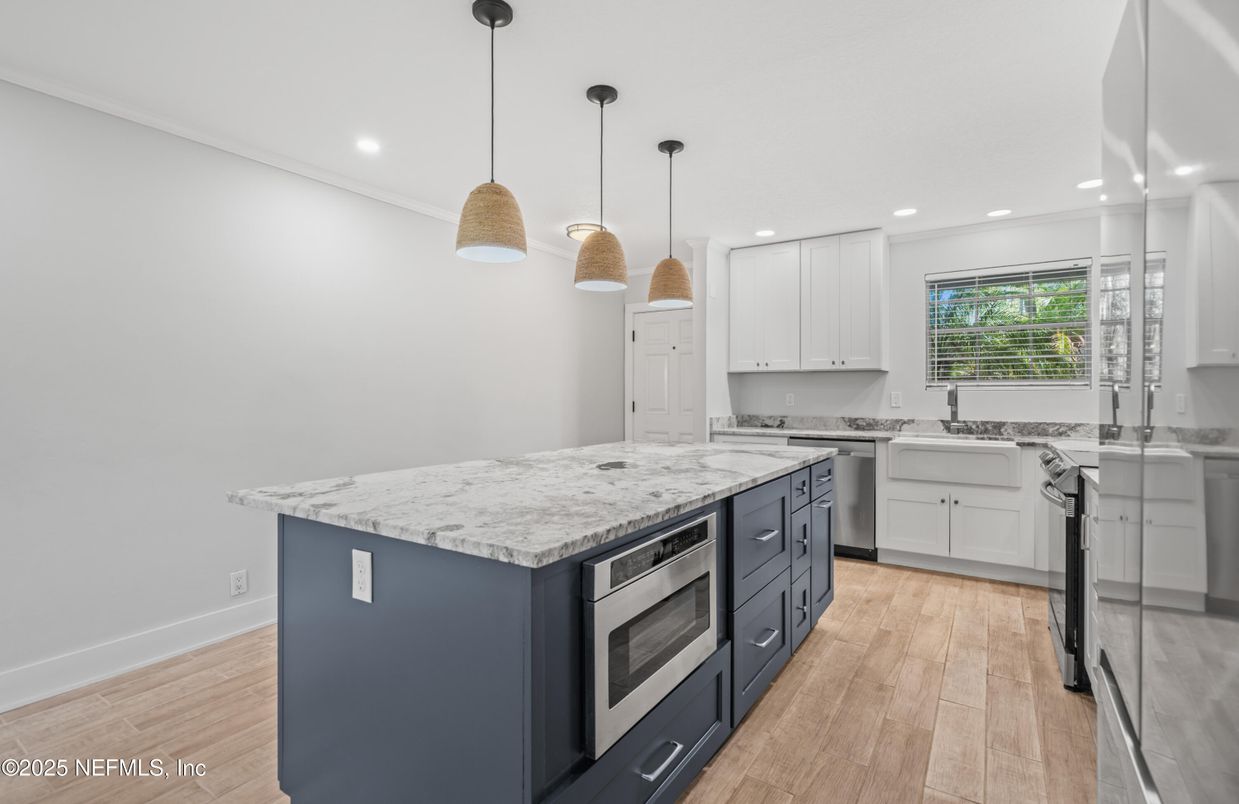Interior, Kitchen, Pendant Lights, Recessed Lighting, Stainless Steel Appliances, Wood Texture Flooring
