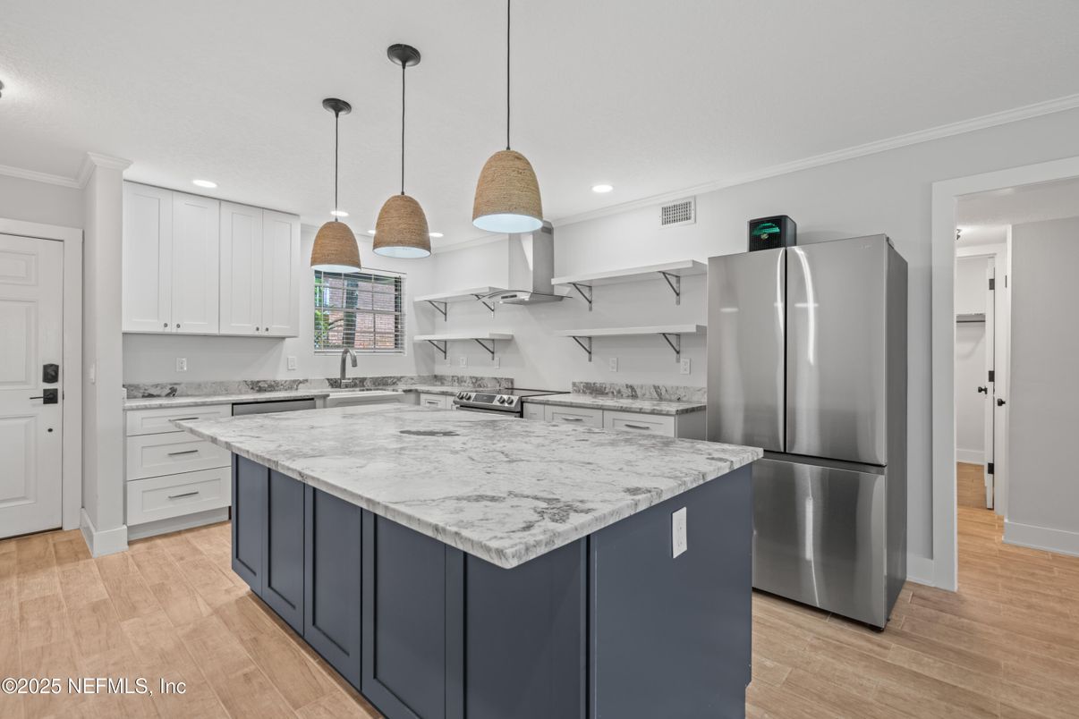 Interior, Kitchen, Pendant Lights, Recessed Lighting, Stainless Steel Appliances, Wood Texture Flooring