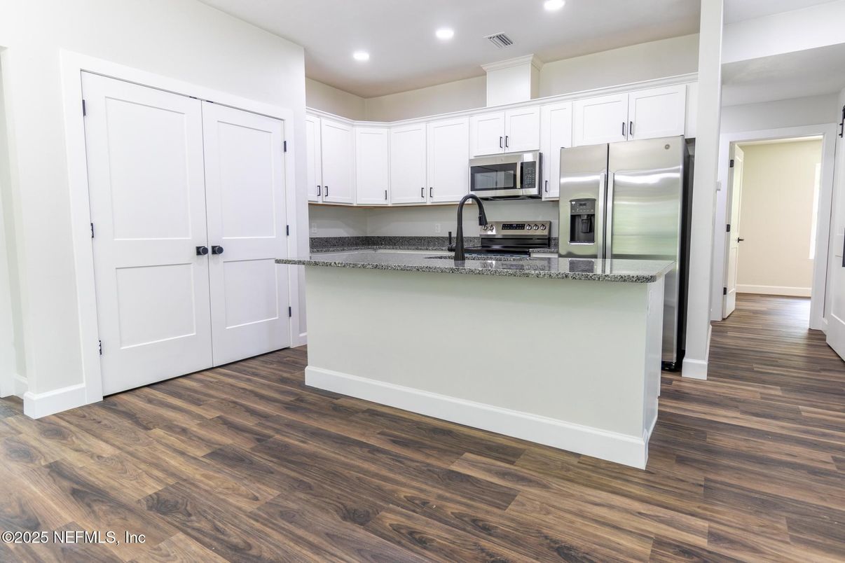 Interior, Kitchen, Recessed Lighting, Stainless Steel Appliances, Wood Texture Flooring