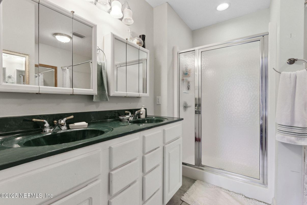 Bathroom, Dual Sink Vanities, Glass Shower, Interior, Recessed Lighting