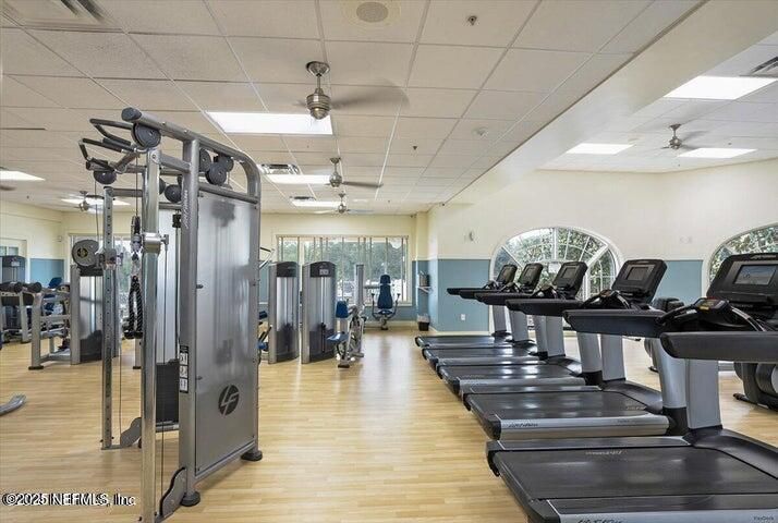 Fitness Equipment, Gym, Interior, Recessed Lighting, Wood Texture Flooring