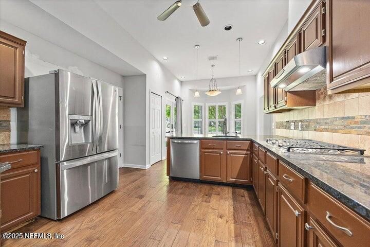 Interior, Kitchen, Pendant Lights, Recessed Lighting, Stainless Steel Appliances, Wood Texture Flooring