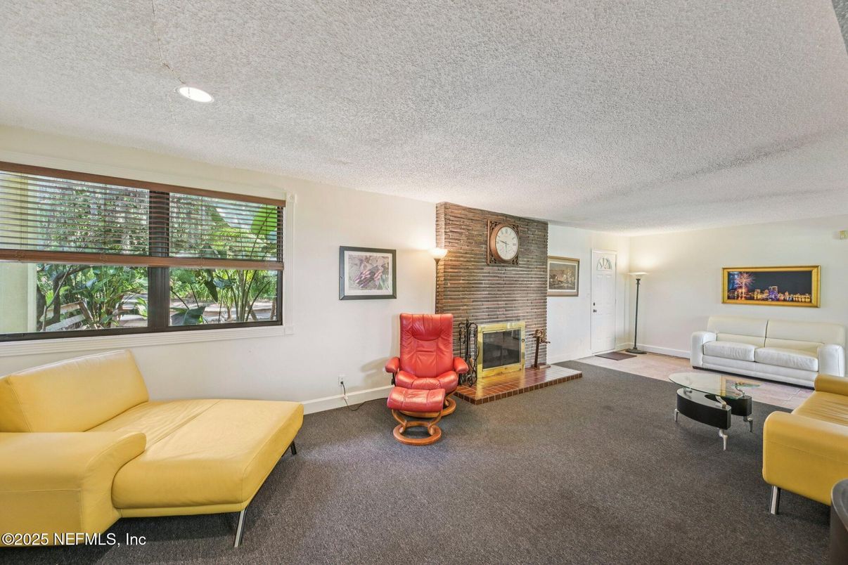 Fireplace, Interior, Living room, Recessed Lighting, Stone Walls
