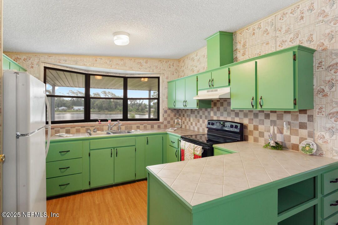Interior, Kitchen, Tile Countertops, Wood Texture Flooring