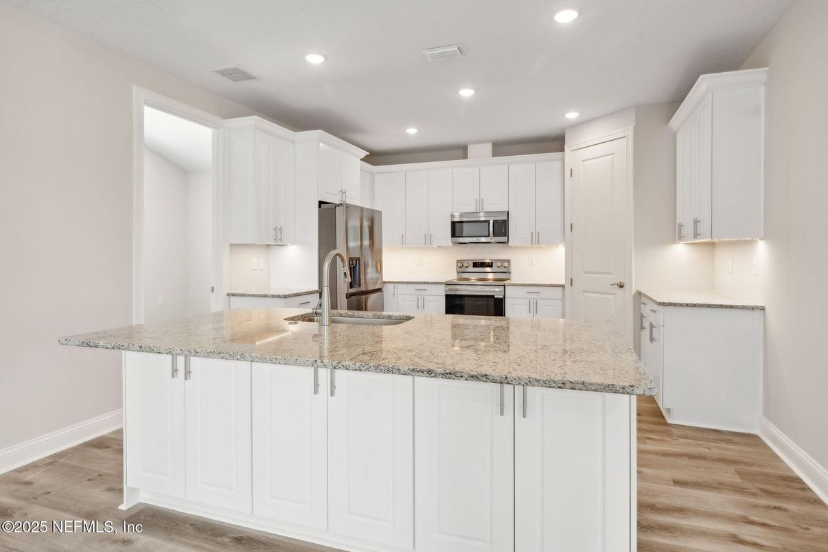 Interior, Kitchen, Recessed Lighting, Stainless Steel Appliances, Wood Texture Flooring