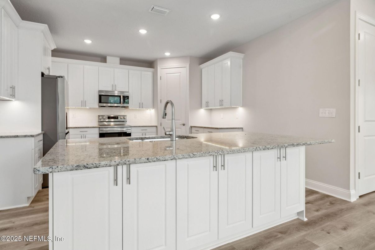 Interior, Kitchen, Recessed Lighting, Stainless Steel Appliances, Wood Texture Flooring