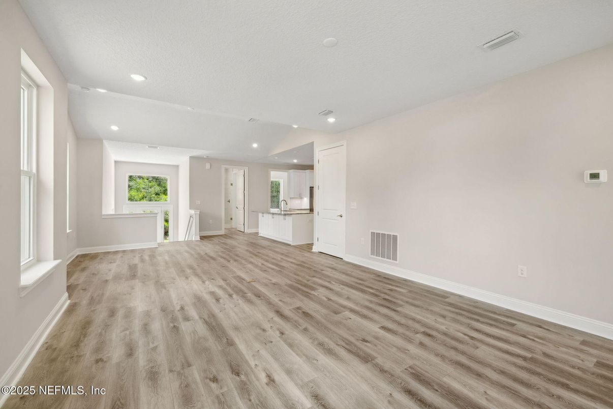 Empty room, Interior, Kitchen, Recessed Lighting, Wood Texture Flooring