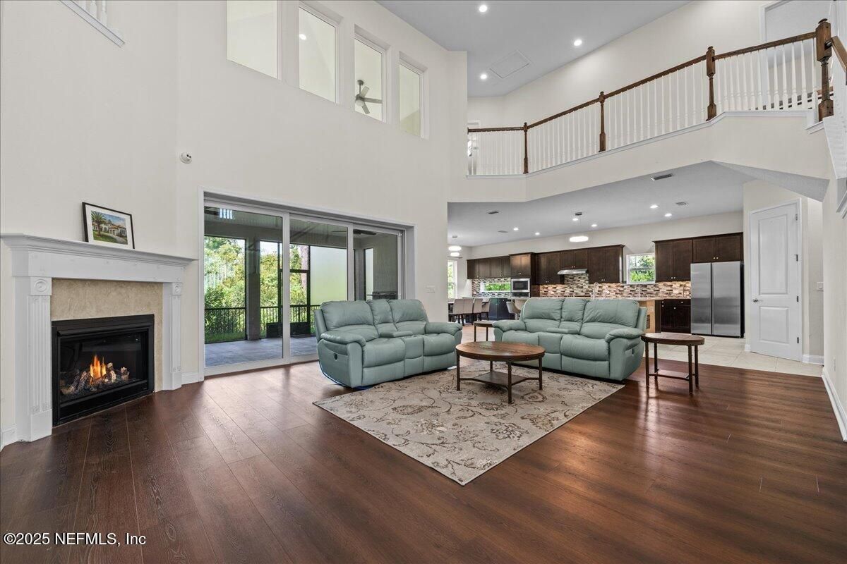 Fireplace, Interior, Kitchen, Living room, Recessed Lighting, Wood Texture Flooring