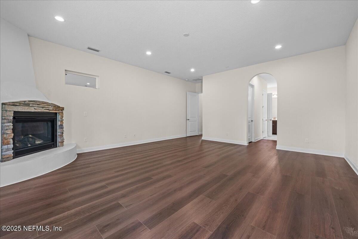 Empty room, Fireplace, Interior, Recessed Lighting, Wood Texture Flooring