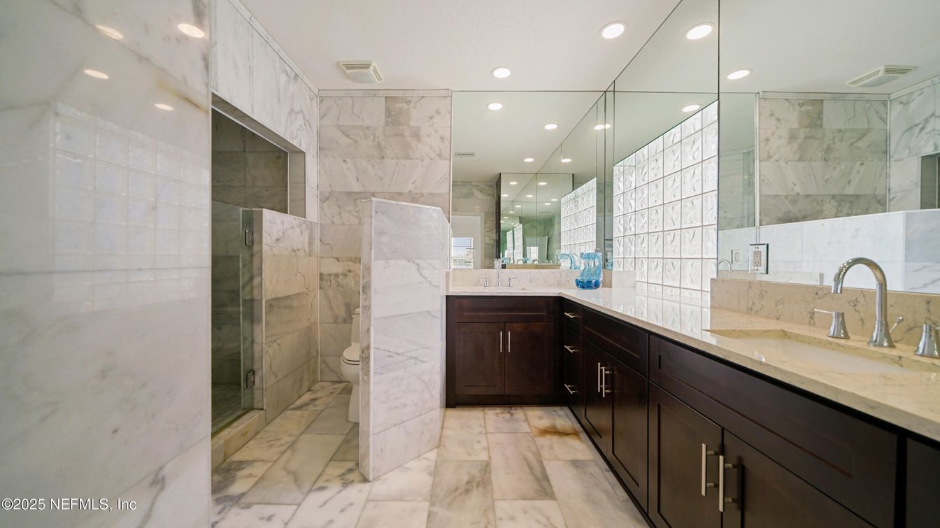 Bathroom, Dual Sink Vanities, Interior, Marble, Marble Walls, Recessed Lighting