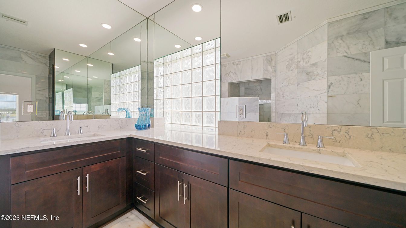Bathroom, Dual Sink Vanities, Interior, Marble Walls, Recessed Lighting