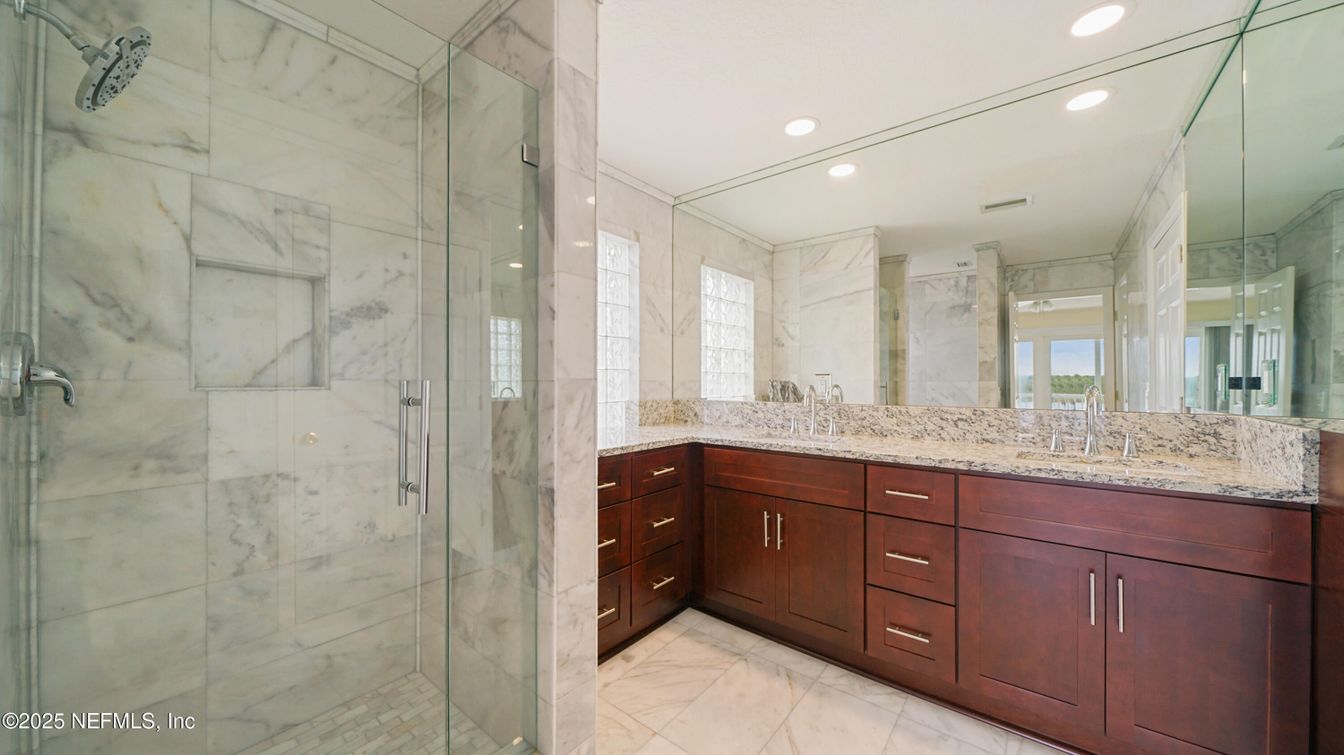 Bathroom, Glass Shower, Interior, Marble, Marble Walls, Recessed Lighting