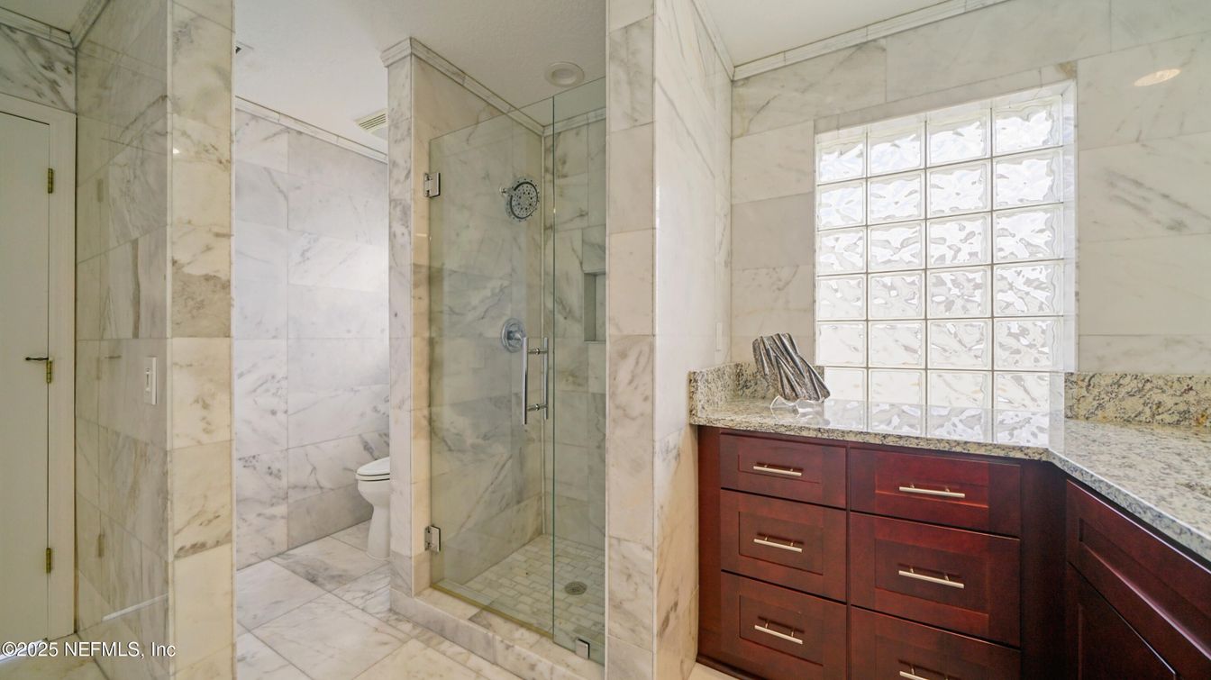 Bathroom, Glass Shower, Interior, Marble, Marble Walls, Recessed Lighting