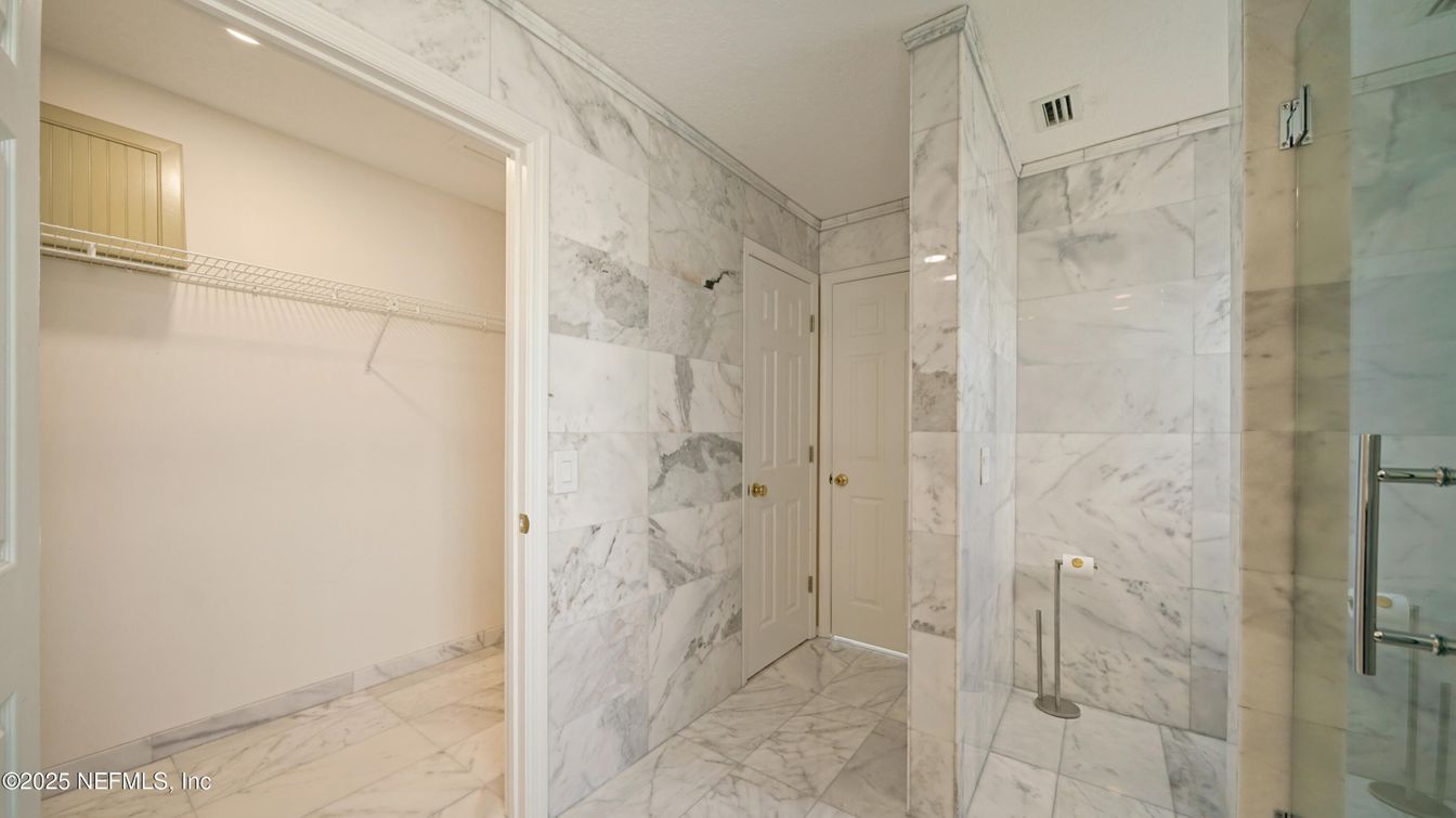 Bathroom, Glass Shower, Interior, Marble, Marble Walls, Recessed Lighting, Walk-in Closets