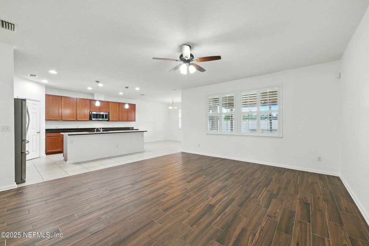 Empty room, Interior, Kitchen, Pendant Lights, Recessed Lighting, Wood Texture Flooring