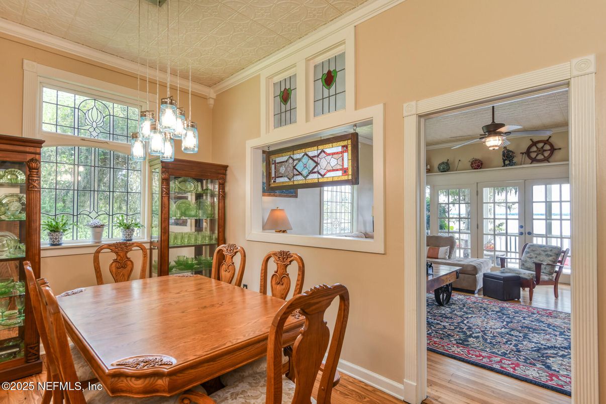 Dining room, Interior, Pendant Lights, Wood Texture Flooring