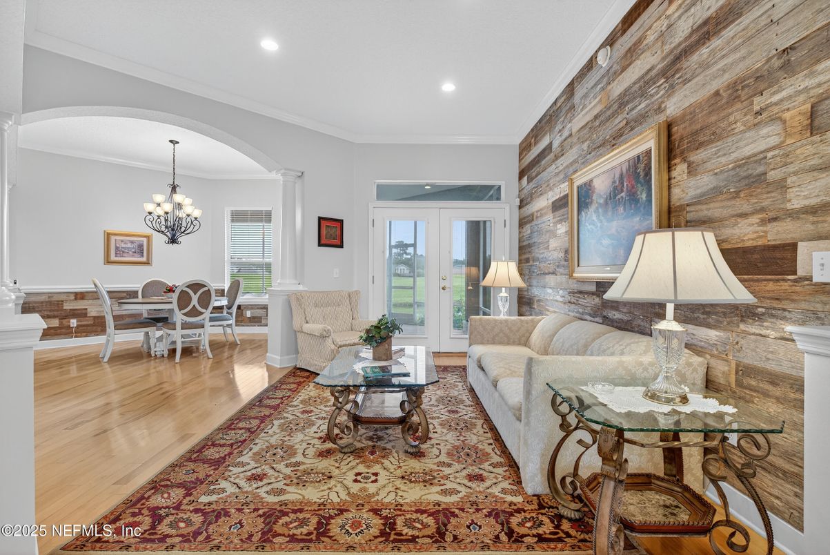 Chandelier, Dining room, Interior, Living room, Recessed Lighting, Wood Texture Flooring, Wooden Walls