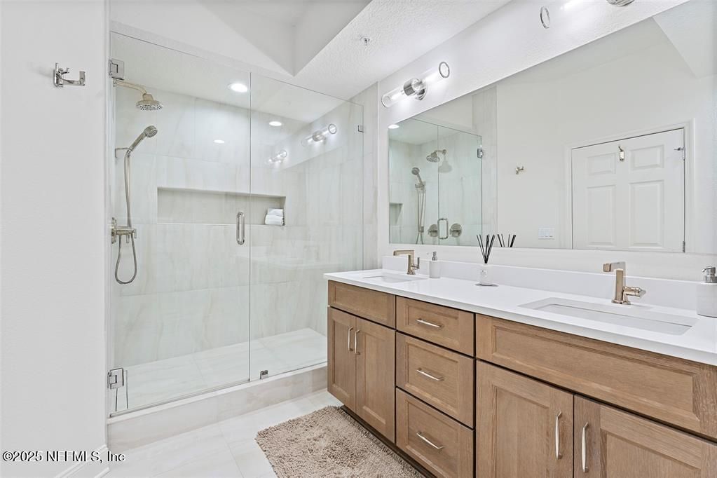Bathroom, Dual Sink Vanities, Glass Shower, Interior, Recessed Lighting