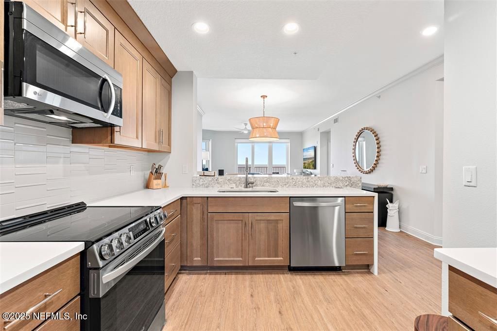 Interior, Kitchen, Pendant Lights, Recessed Lighting, Stainless Steel Appliances, Wood Texture Flooring