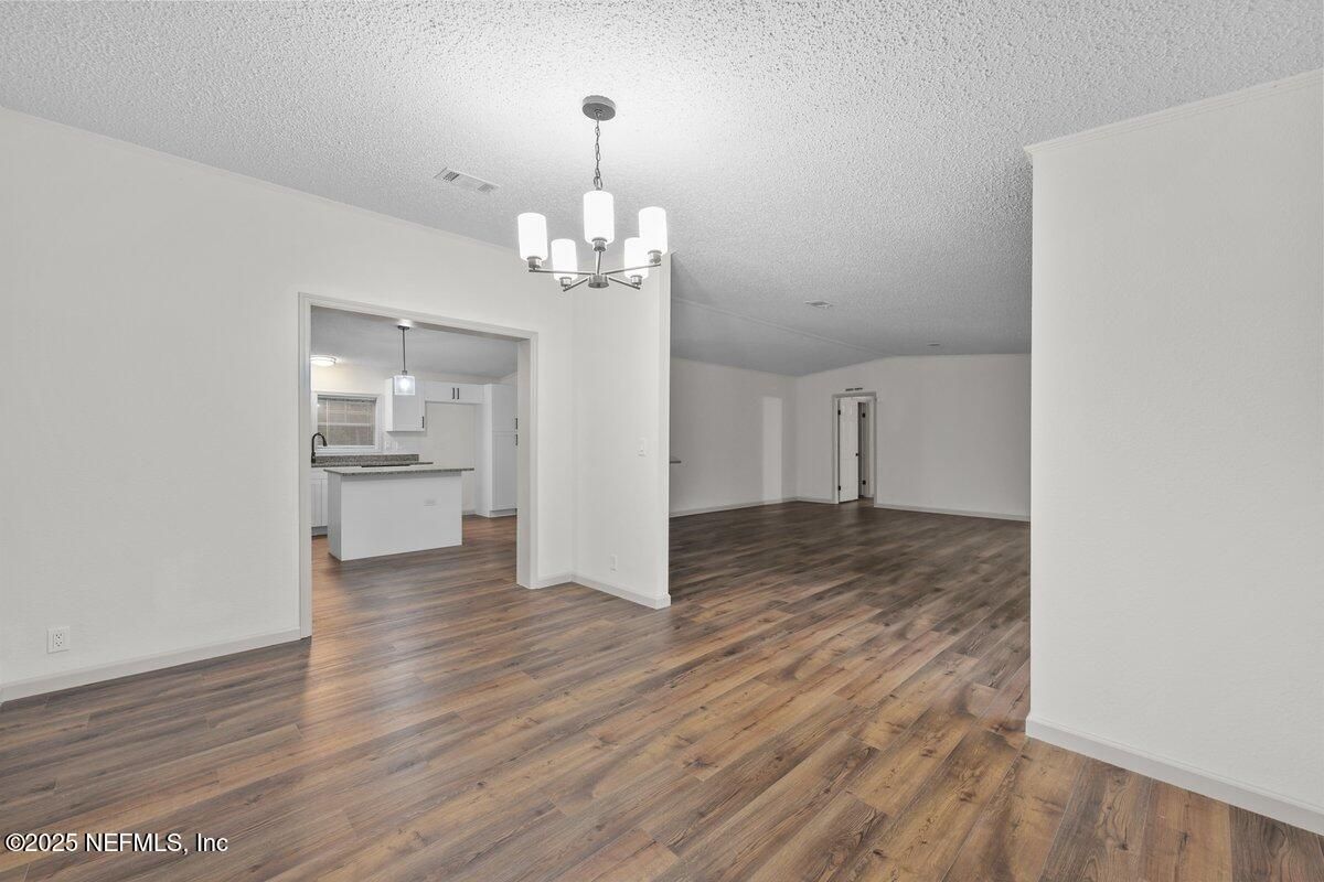 Chandelier, Empty room, Interior, Kitchen, Pendant Lights, Wood Texture Flooring