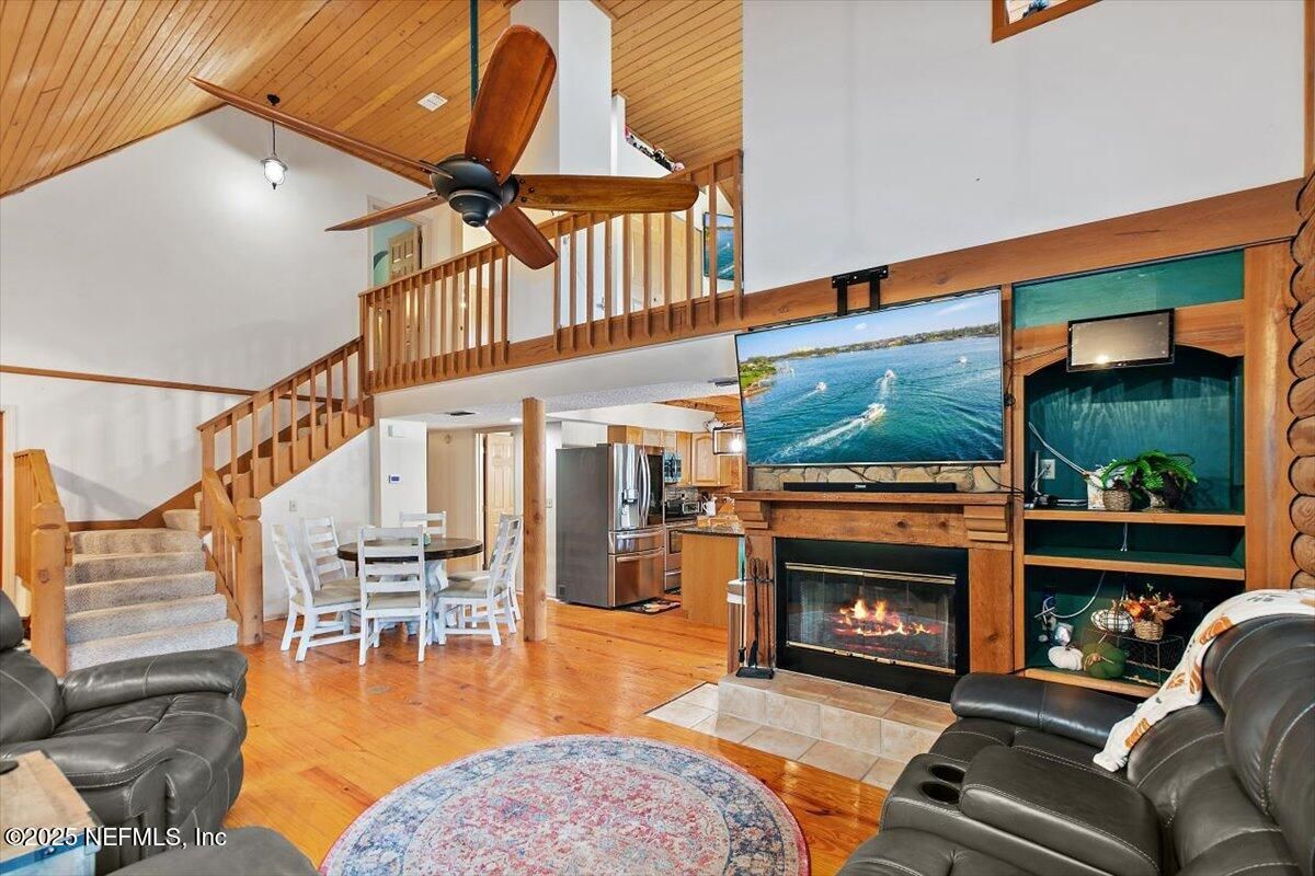 Dining room, Fireplace, Interior, Kitchen, Living room, Wooden Ceilings, Wood Texture Flooring